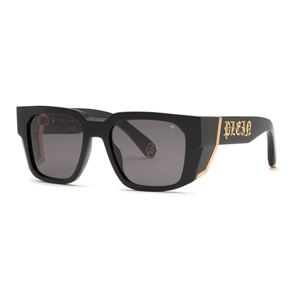 Philipp Plein Sunglasses Square Full Rim, Shiny Black Frame and Dark Grey Lens